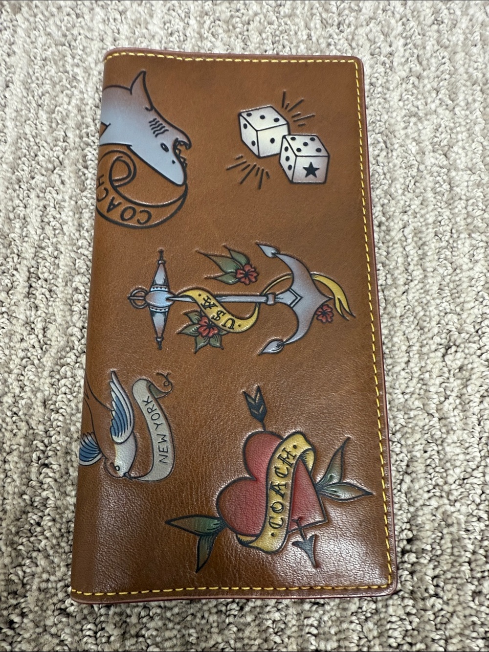 Coach Brown Leather Tattoo-Print Long Long Pocket Wallet with Yellow Stitching